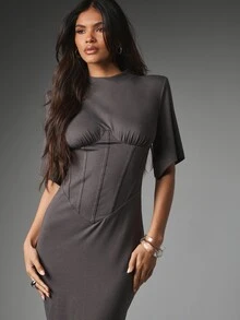 MISSGUIDED Corset Style Bodycon Midi Dress With Crew Neck Short Boxy Sleeves And Back Slit Elegant Evening Party Night Out - Dark Grey - View 4