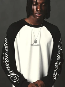 SUMWON Club Oversized Raglan Long Sleeve Tee With Script Logo Sleeve Print Crew Neck Color Block Cotton Top - Black and White - View 4
