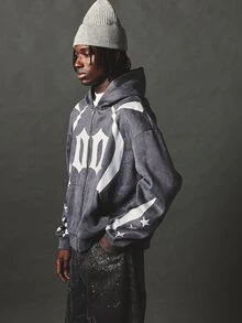 SUMWON Oversized Full-Zip Hoodie With Gothic Logo Front Print Star Sleeve Detail Acid Washed Finish Fall Winter Streetwear - Grey - View 4