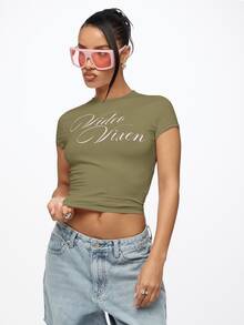 SUMWON WOMEN Fitted Crop Top With Cursive Video Vixen Script Print, Round Neck Short Sleeve Cotton Stretch Baby Tee, Spring Summer Essential - Khaki - View 4