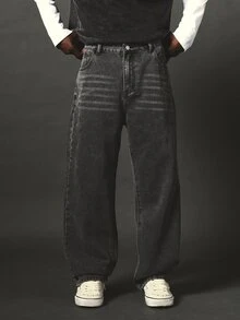 SUMWON Celana Jeans Denim Washed Model Lebar dengan Detail Logo Cetak Grafis di Saku Belakang, Potongan Longgar, Panjang Penuh, Gaya Streetwear. - Grey - View 4
