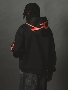 SUMWON Motorsport Oversized Hoodie With Bold Front Graphic Print And Flame Sleeve Detail - Black - View 2