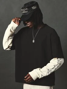 SUMWON Oversized Black Waffle Knit Crew Neck Short Sleeve Tee Streetwear Layered Style Drop Shoulder Casual Top - Multicolor - View 1