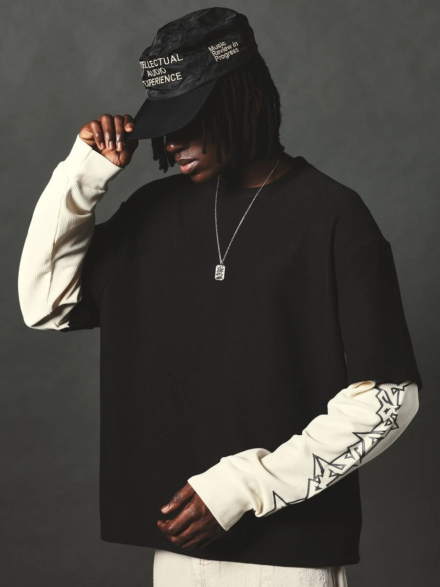 SUMWON Oversized Black Waffle Knit Crew Neck Short Sleeve Tee Streetwear Layered Style Drop Shoulder Casual Top - Multicolor - View 1