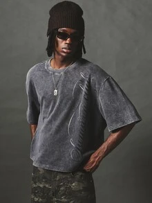 SUMWON Washed Boxy Crop Crew Neck Short Sleeve T-Shirt With Cursive Script Logo Print Front - Grey - View 1