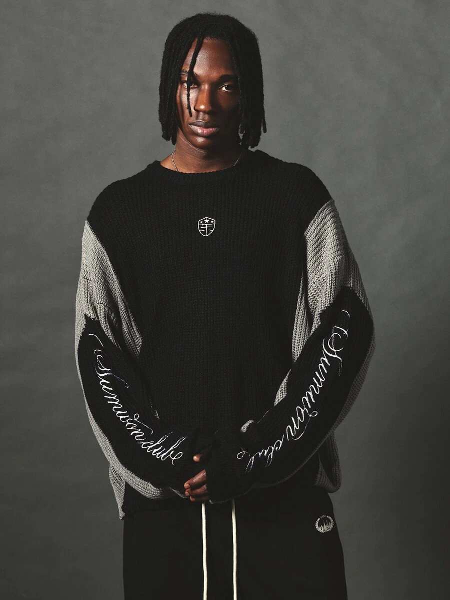 SUMWON Oversized Color Block Knit Sweater With Cursive Script Sleeve Embroidery Crew Neck Long Sleeve Chunky Streetwear Pullover Fall Winter - Black - View 1