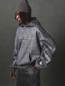 SUMWON Clube Oversized Acid Wash Hoodie With Cursive Script Chest Print And Flame Sleeve Graphics Pullover Winter Essential - Grey - View 4
