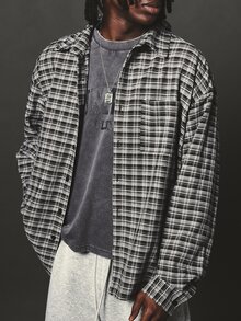 SUMWON Oversized Plaid Flannel Shirt With Angel Wing Back Graphic Print And Button Front Collared Long Sleeve Autumn Winter Streetwear - Black and White - View 5