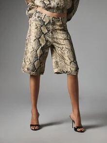 MISSGUIDED Snake Print Wide Leg Bermuda Shorts With Side Pockets Mid Rise Knee Length Summer Holiday Casual Style - Multicolor - View 1