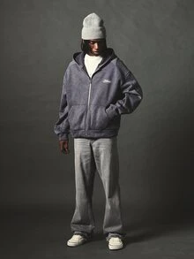 SUMWON Oversized Full-Zip Washed Hoodie With Rhinestone Embellished Sleeves And Chest Logo Badge Detail - Dark Grey - View 3
