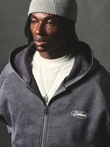 SUMWON Oversized Full-Zip Washed Hoodie With Rhinestone Embellished Sleeves And Chest Logo Badge Detail - Dark Grey - View 5