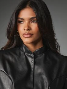 MISSGUIDED Faux Leather Fitted Blazer With Stand Collar Gold Button Closure Structured Shoulders Hip Length Fall Winter Party Night Out - Black - View 6