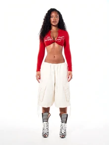 SUMWON WOMEN Long Sleeve Deep V-Neck Crop Top With Script Print Front Twist Detail Ultra Cropped Midriff Baring Party Top - Red - View 3