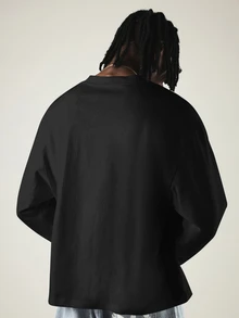 SUMWON Crop Fit Oversized Long Sleeve Crew Neck T-Shirt Dropped Shoulder Relaxed Fit Casual Everyday Essential Fall Winter Top - Black - View 2