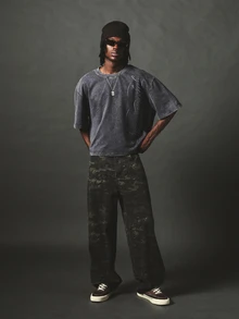 SUMWON Washed Boxy Crop Crew Neck Short Sleeve T-Shirt With Cursive Script Logo Print Front - Grey - View 3