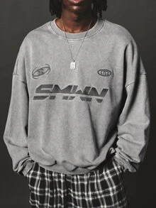 SUMWON Oversized Crew Neck Sweatshirt With Washed Finish And Bold Logo Graphic Print Long Sleeve Casual Pullover - Grey - View 5
