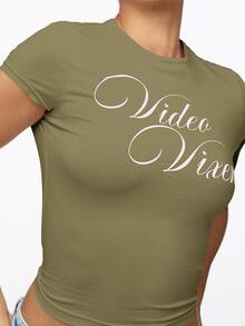SUMWON WOMEN Fitted Crop Top With Cursive Video Vixen Script Print, Round Neck Short Sleeve Cotton Stretch Baby Tee, Spring Summer Essential - Khaki - View 5