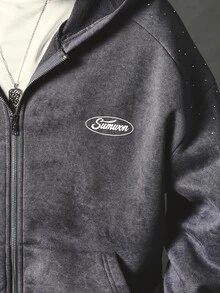 SUMWON Oversized Full-Zip Washed Hoodie With Rhinestone Embellished Sleeves And Chest Logo Badge Detail - Dark Grey - View 7