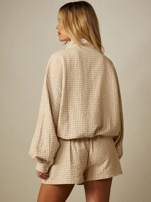 MISSGUIDED Oversized Grid Check Jacket With High Funnel Neck Blouson Sleeves And Drawstring Hem Autumn Winter Casual Outerwear - Apricot - View 2