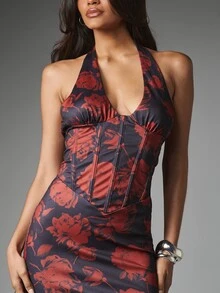MISSGUIDED Gaun Model Halter Neck Motif Bunga Mawar dengan Korset di Bagian Atas, Siluet Bodycon Tanpa Punggung, Cocok untuk Pesta Malam, Pernikahan Musim Panas, dan Acara Tamu. - MultiWarna - View 4
