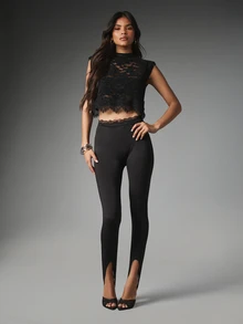 MISSGUIDED High Rise Skinny Leggings With Lace Waistband Trim And Front Split Ankle Detail Perfect For Evening And Holiday Styling - Black - View 3