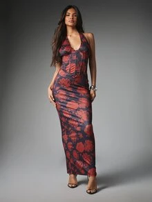 MISSGUIDED Gaun Model Halter Neck Motif Bunga Mawar dengan Korset di Bagian Atas, Siluet Bodycon Tanpa Punggung, Cocok untuk Pesta Malam, Pernikahan Musim Panas, dan Acara Tamu. - MultiWarna - View 1