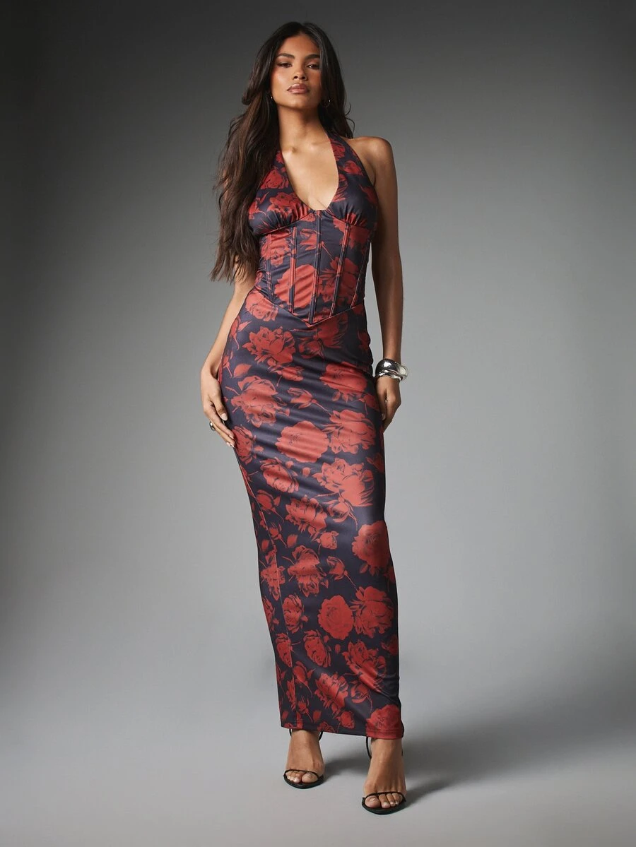 MISSGUIDED Gaun Model Halter Neck Motif Bunga Mawar dengan Korset di Bagian Atas, Siluet Bodycon Tanpa Punggung, Cocok untuk Pesta Malam, Pernikahan Musim Panas, dan Acara Tamu. - MultiWarna - View 1