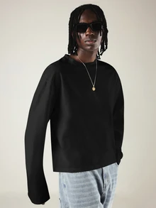 SUMWON Crop Fit Oversized Long Sleeve Crew Neck T-Shirt Dropped Shoulder Relaxed Fit Casual Everyday Essential Fall Winter Top - Black - View 4