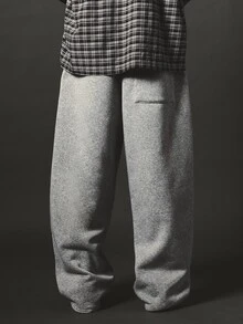 SUMWON Wide Leg Fleece Sweatpants With Embroidered Logo Drawstring Waist Relaxed Fit Streetwear Trousers Fall Winter Casual Loungewear - Grey - View 4