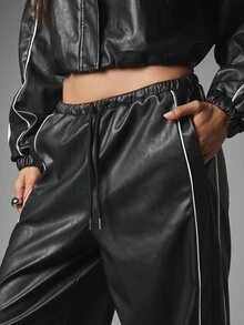 MISSGUIDED 人造皮革寬腿長褲，白色對比滾邊抽繩彈性腰頭，側邊口袋，全長，適合度假派對 - 黑色 - 查看 4