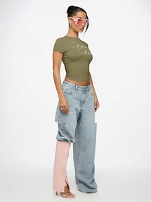 SUMWON WOMEN Fitted Crop Top With Cursive Video Vixen Script Print, Round Neck Short Sleeve Cotton Stretch Baby Tee, Spring Summer Essential - Khaki - View 8
