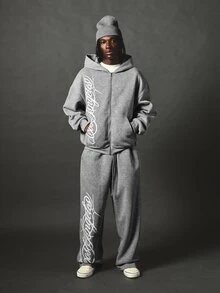 SUMWON Oversized Full-Zip Hoodie With Script Logo Print And Side Pockets Casual Fleece Sweatshirt For Fall Winter - Grey - View 3
