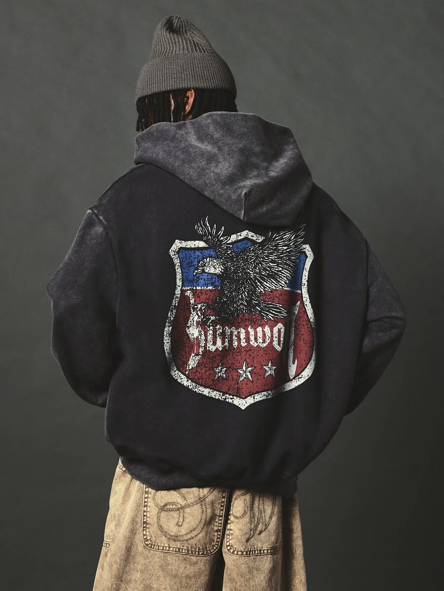 SUMWON Oversized Acid Washed Hoodie With Eagle Shield Graphic Back Print Pullover Vintage Style Unisex Sweatshirt Fall Winter Streetwear - Dark Grey - View 1