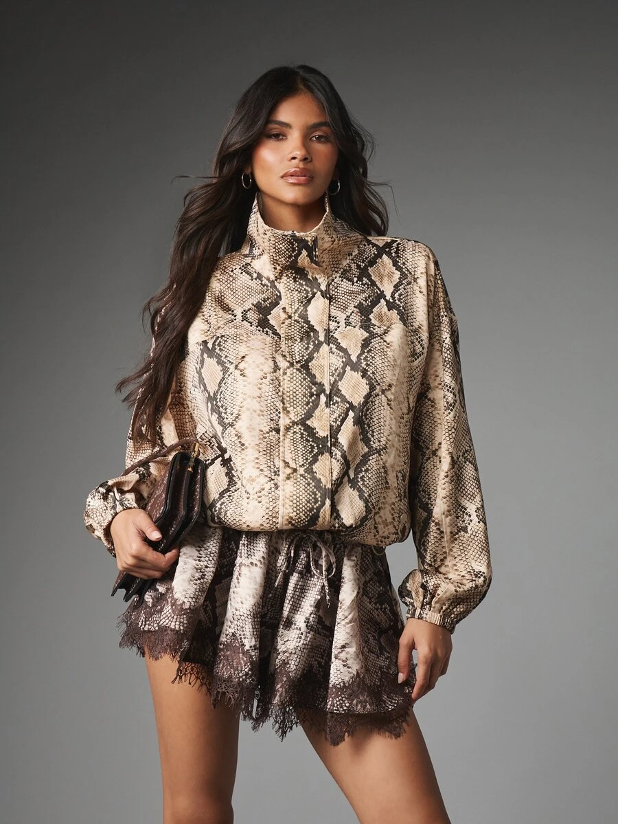 MISSGUIDED Snake Print Satin Cropped Bomber Jacket With Stand Collar Zip Closure And Balloon Sleeves For Fall Winter - Multicolor - View 1