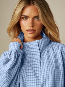 MISSGUIDED Oversized Grid Check Zip-Up Jacket With Mock Neck Balloon Sleeves And Centre Pocket Spring Casual Outerwear - Blue - View 5