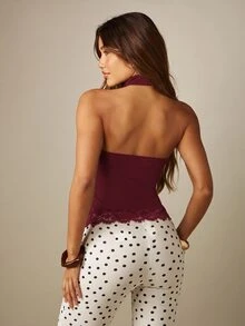 MISSGUIDED Halter Neck Lace Trim Top With Open Back And Mock Neck Perfect For Date Night And Holiday Party - Burgundy - View 2