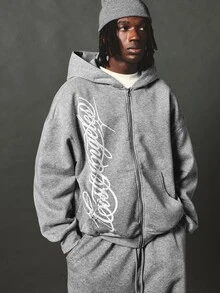 SUMWON Oversized Full-Zip Hoodie With Script Logo Print And Side Pockets Casual Fleece Sweatshirt For Fall Winter - Grey - View 1