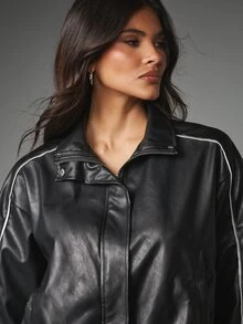 MISSGUIDED Faux Leather Cropped Windbreaker Jacket With White Contrast Piping Stand Collar Zip Closure Elasticated Cuffs Oversized Fit Fall Winter - Black - View 5