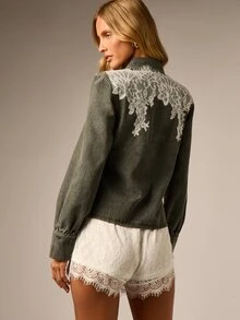 AiiRZ Vintage Wash Denim Shirt With Floral Lace Applique Detail Collared Button Front Long Sleeve Casual Spring Summer Top - Dark Green - View 2