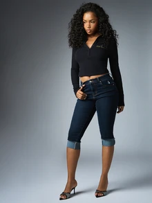 BABYPHAT Dark Wash Cropped Skinny Jeans With Cuffed Hem Mid Rise Five Pocket Denim Capri With Embroidered Logo Detail Spring Summer - Dark Wash - View 2