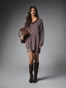 MISSGUIDED Gaun Mini Sweater Bergaris Ukuran Besar, Gaun Rajut Lengan Panjang Leher V, Gaya Pullover Nyaman untuk Musim Gugur dan Musim Dingin - Burgundy - View 2