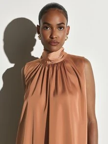 KSTM Halter Neck Satin Mini Shift Dress With Tie Back Detail Sleeveless Gathered Neckline Flowy Swing Silhouette Party Wedding Guest - Brown - View 4