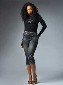 BABYPHAT Black Long Sleeve Crop Top With Rhinestone Cat Outline Chest Graphic Slim Fitted Crew Neck Stretchy Knit Spring Summer Night Out Top - Black - View 3