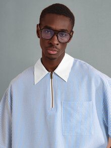 SUMWON Plus Size Boxy Short Sleeve Half Zip Polo Shirt With Contrast White Collar And Chest Pocket Striped Seersucker Summer Top - Blue and White - View 6