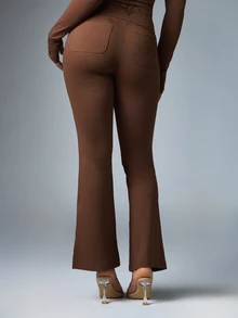 BABYPHAT Flared High Rise Full Length Casual Pants With Rhinestone Studded Patch Pocket Detail And Smooth Knit Fabric Perfect For Fall Winter Evenings - Coffee Brown - View 5