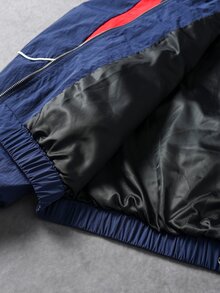 SUMWON Vintage Nylon Track Jacket With Red And White Color Block Panels Elastic Cuffs Zip Pockets And Satin Lining - Navy Blue - View 3