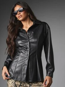 MISSGUIDED Kemeja Berkerah Kancing Depan Kulit Imitasi dengan Lengan Panjang Pas Badan dan Detail Jahitan Siluet Peplum Gaya Musim Gugur/Musim Dingin - Hitam - View 4