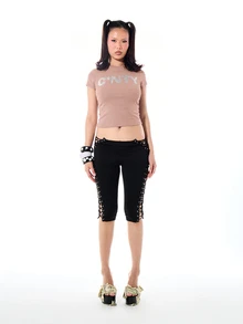 SUMWON WOMEN Rhinestone Graphic Crew Neck Slim Fit Tee Short Sleeve Fitted Crop Top With Embellished Text Print Summer Festival Party Top - Pink - View 3