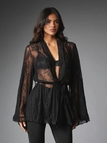 MISSGUIDED Sheer Floral Lace Bell Sleeve Wrap Mini Robe With Tie Waist And Ruffle Hem Perfect For Evening And Holiday Nights - Black - View 4