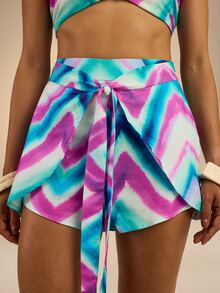 Dancing Leopard Blue And Pink Wrap Tie Front Shorts, Holiday/Vacation Wear - Multicolor - View 5